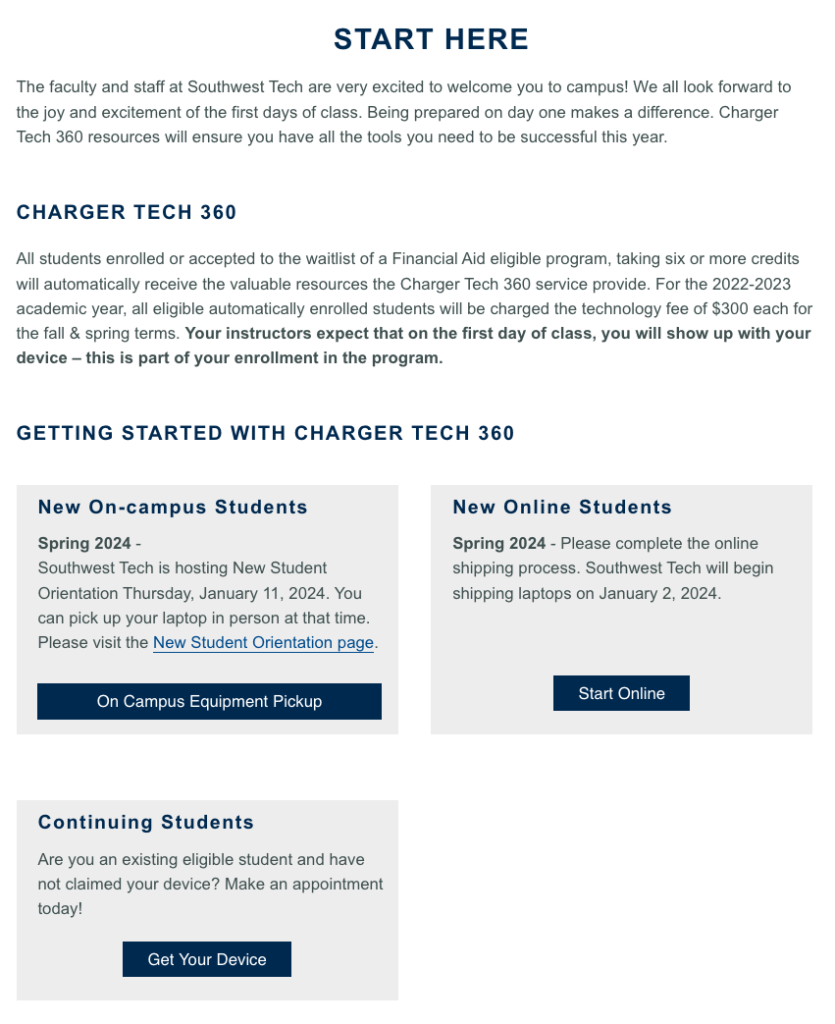 Screen capture of Start Here page with three sub-groups: New On-Campus Students, New Online Students, and Continuing Students.