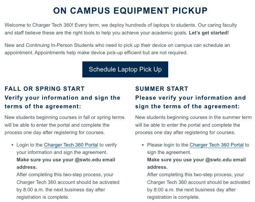 Screenshot of On Campus Equipment Pickup page with clear "Schedule Laptop Pick Up" button and specific information for different academic terms.