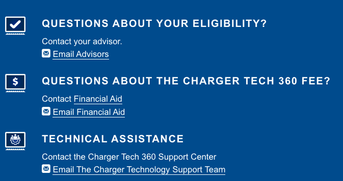 Screenshot of three call-to-actions and contact information for eligibility, fees, and assistance.